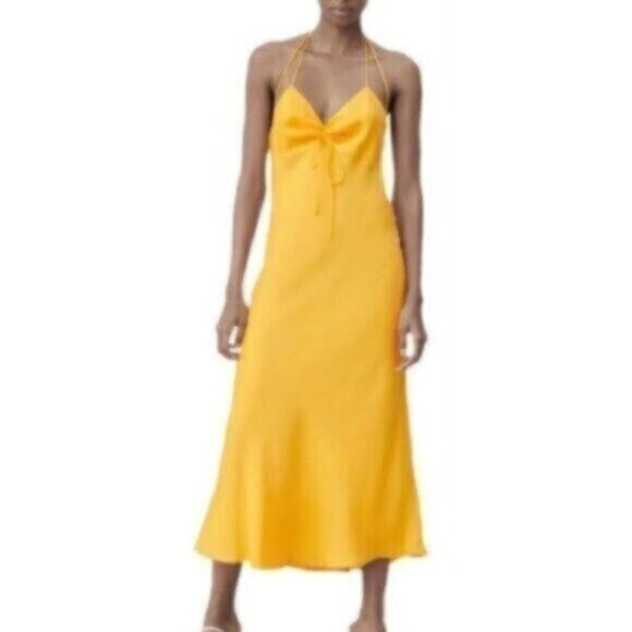 NWT Zara Tangerine Satin Effect Ruched Detail Slip Midi Dress - Picture 1 of 13